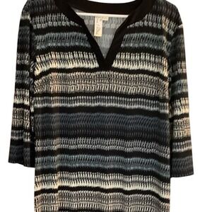 Emma & Michele Women's Black Gray Print 3/4 Sleeve V-Neck Top